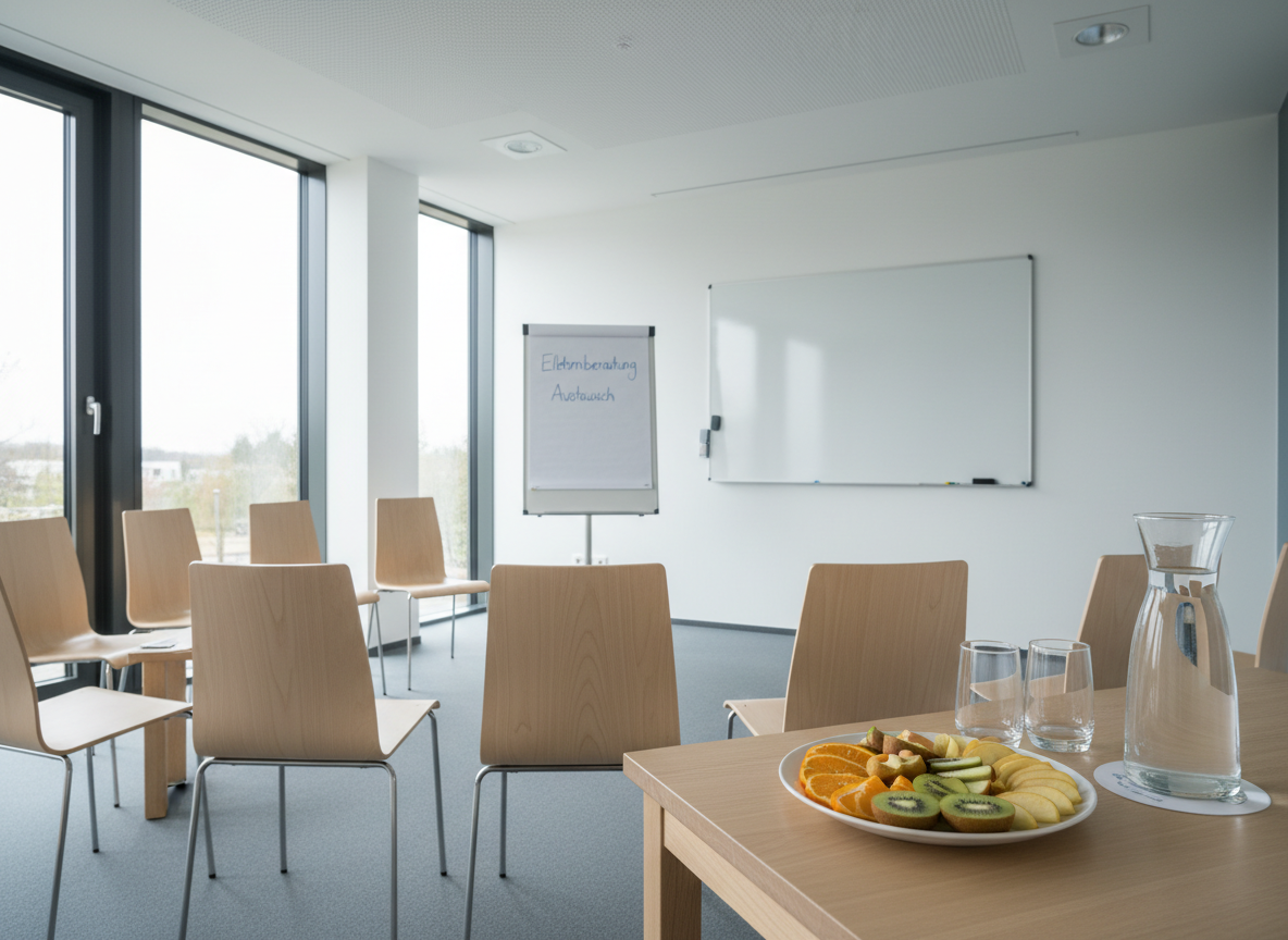 A modern seminar room prepared for a parenting workshop in Pöttmes, shown in photographic realism. Several light-wood chairs are arranged in a semi-circle facing a white flip chart, where cleanly written German words like “Elternberatung” and “Austausch” are visible in calm blue marker. On a side table, glass carafes of water, simple glasses, and a plate with neatly arranged fruit slices provide refreshments. Large windows on one side bring in soft, overcast daylight, producing even lighting with minimal shadows and a focused, concentrated mood. The composition is shot from a slightly elevated angle with sharp focus overall, highlighting the orderly arrangement and professional atmosphere, while muted, harmonious colors reinforce a sense of respect, clarity, and open communication for families.