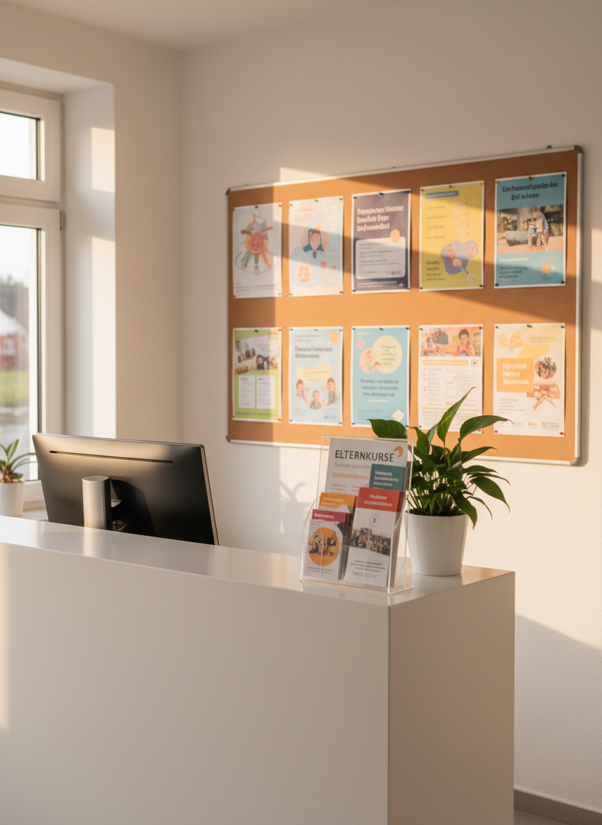 An organized reception corner of the Familienstützpunkt Nord in Pöttmes, captured in photographic realism. A white reception counter holds a sleek computer monitor, a stand with clearly printed flyers about parenting courses and counseling, and a small potted plant with fresh green leaves. On the wall behind, a large bulletin board displays a tidy grid of event posters, playgroup schedules, and support contact numbers in German, all in friendly, legible fonts and soft colors. Diffused afternoon light from a nearby window brightens the room, creating a calm, approachable mood. The image is composed with a rule-of-thirds layout, eye-level perspective, and moderate depth of field so the counter is crisp while the background softly recedes, emphasizing professionalism and trustworthiness.