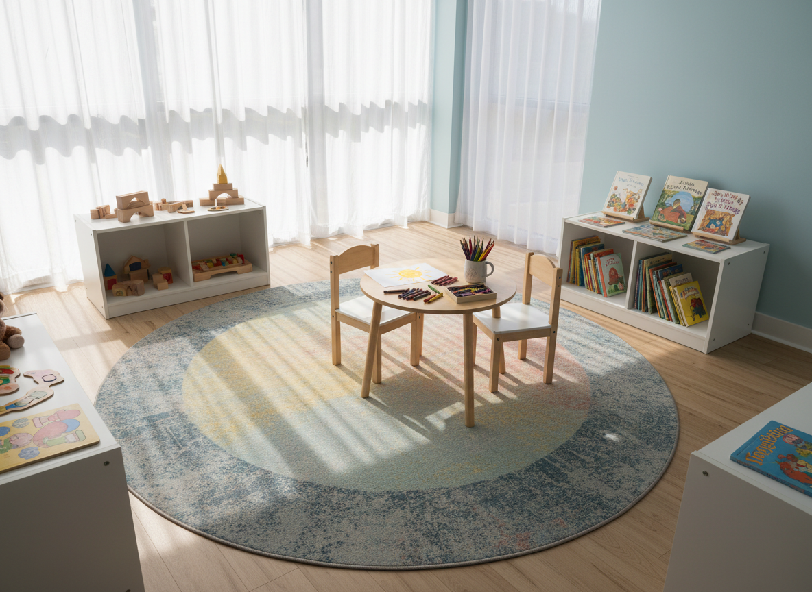 A cozy, child-friendly play and waiting area in a non-profit family support center, rendered in photographic realism. A soft, round rug in gentle pastel tones lies on a light wooden floor, surrounded by low shelves filled with neatly arranged wooden toys, puzzles, and picture books. A small table with sturdy chairs holds a half-finished drawing, wax crayons, and a cup of sharpened colored pencils. In the background, tall windows with sheer white curtains let in soft, natural daylight, casting warm, gentle shadows and a peaceful glow. The composition uses an eye-level angle with a slightly wide lens to show the whole area, creating a safe, calm, and inviting atmosphere that feels structured yet playful, ideal for families seeking support.