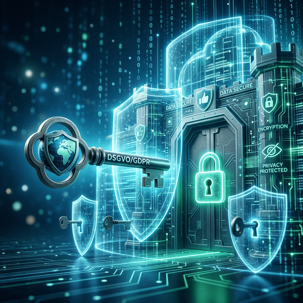 Aktuelles Bild: Digital fortress with padlock, encryption icons, and GDPR key symbolizing data security
