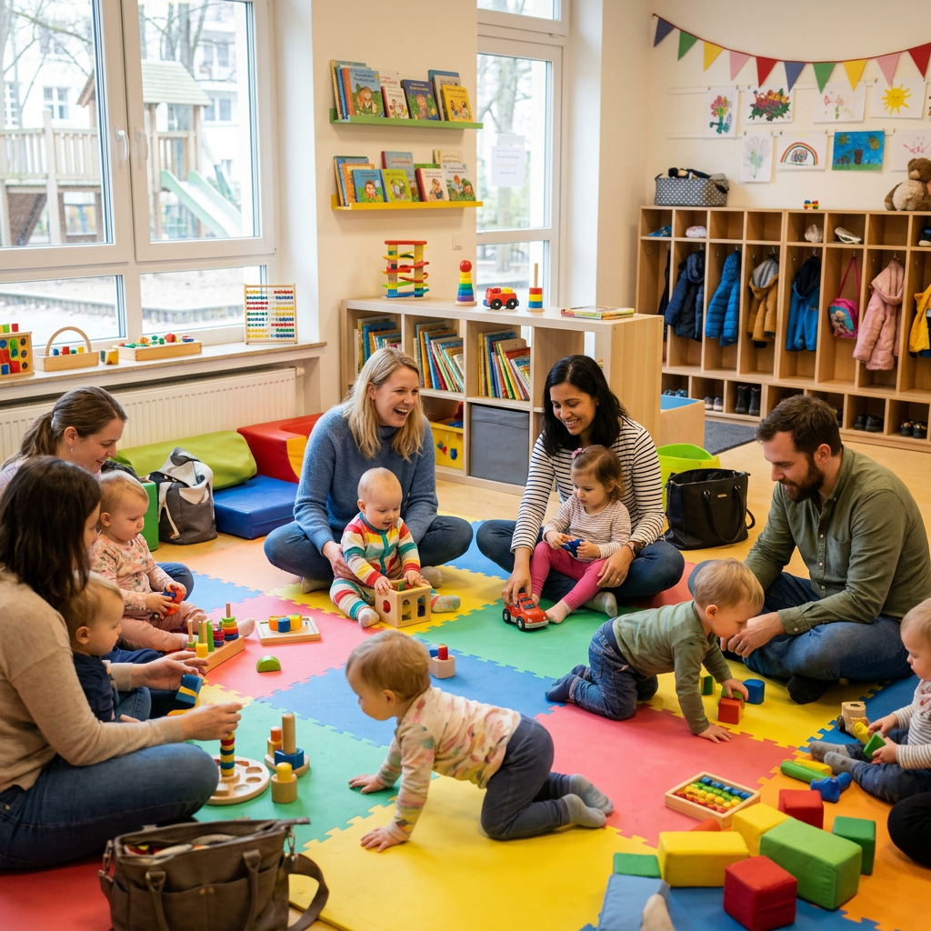 Aktuelles Bild: Parents and toddlers playing with educational toys on colorful mats in a daycare classroom