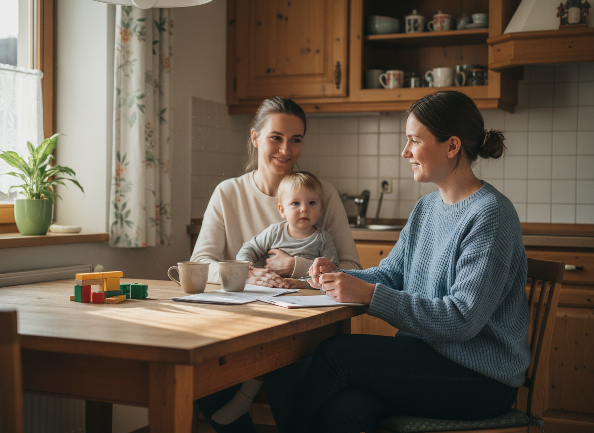 A warm and authentic scene of mobile family support in a small Bavarian town like Pöttmes. A friendly female social worker or family counselor is visiting a young family at home, sitting at a kitchen table with a mother and her young child. The counselor has a friendly, open posture and is engaged in a supportive conversation. The home setting is cozy and realistic — natural light from a window, everyday items on the table like a cup of tea and some papers. The mood is warm, trustworthy, and professional. Photographic realism, muted harmonious colors, soft daylight. Shot from a natural eye-level angle.
